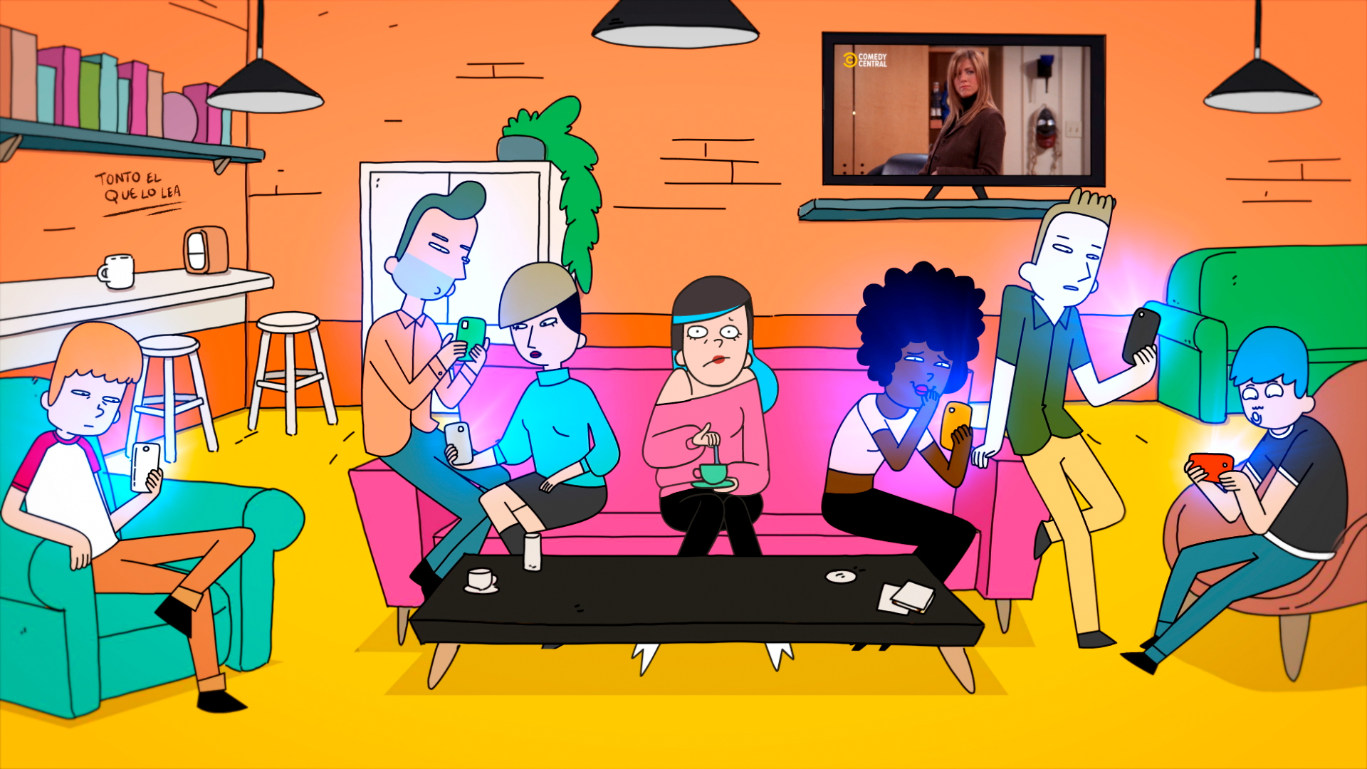 Pieza promocional de Comedy Central hecha en 2D con diseño de personajes y de acciones